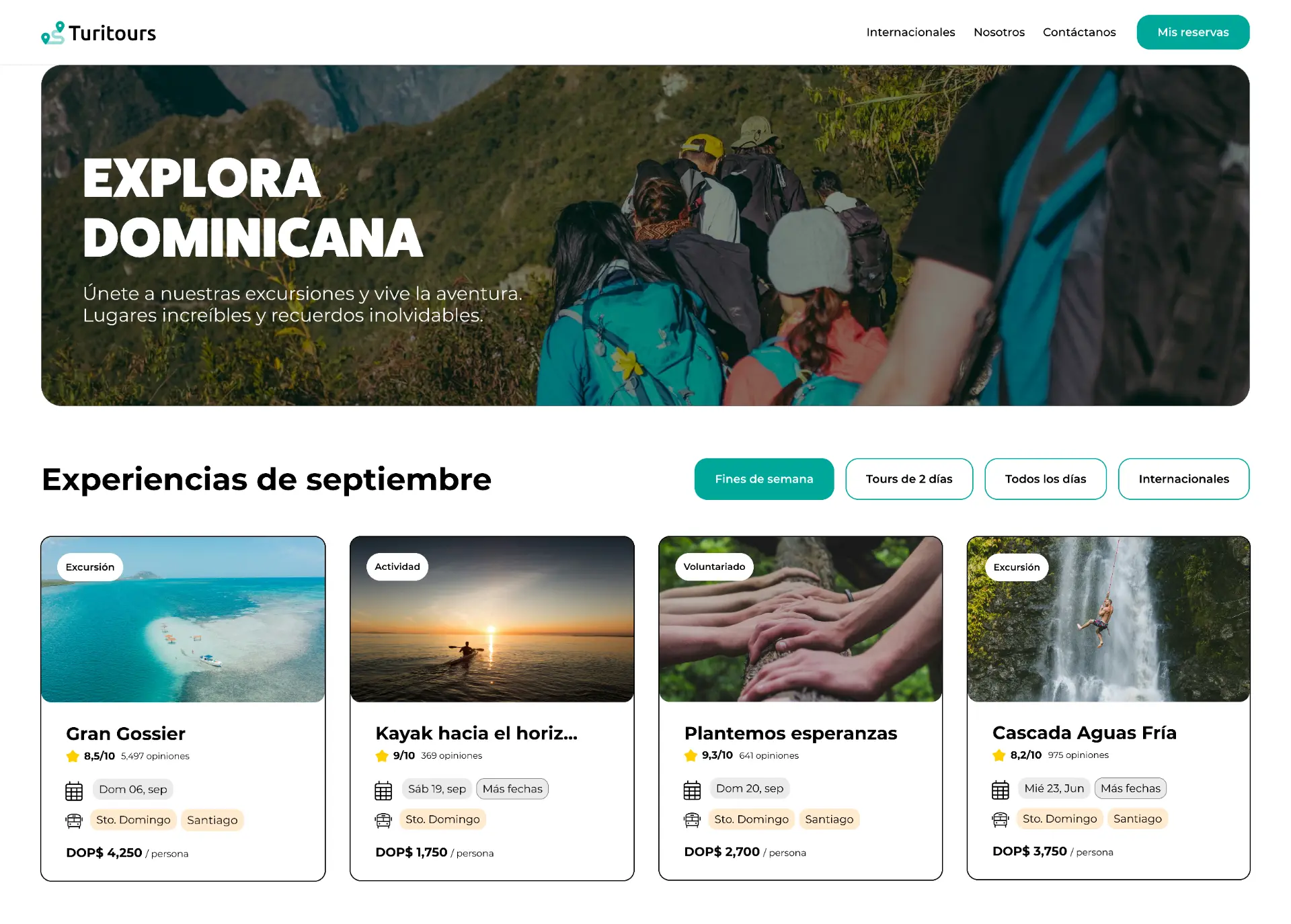 Web de reservas de Turisteo IO mostrando tours y checkout