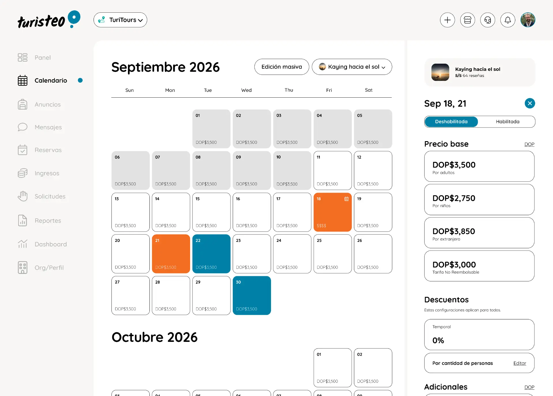 Calendario de operaciones de Turisteo IO